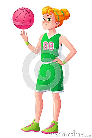 Vector young redhead basketball player girl spinning ball on finger. Vector Illustration