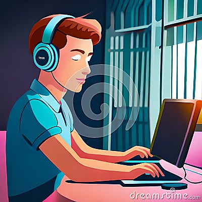 Young student working or study on laptop in library Stock Photo