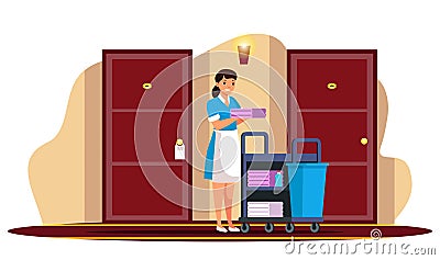 Vector young woman maid hotel staff in hallway Vector Illustration