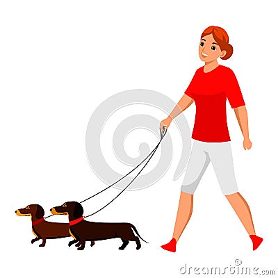 Vector young woman pet owner character walking with dog. Active doggy playing. Lady with canine animal on nature Vector Illustration