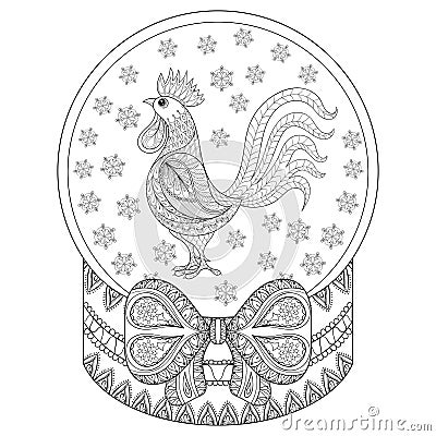 Vector zentangle Christmas snow globe with rooster, snowflakes. Vector Illustration