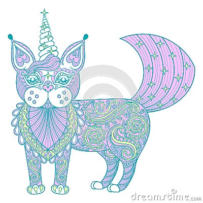 Vector zentangle magic color cat unicorn, black print for adult Vector Illustration