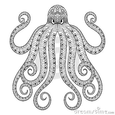 Vector zentangle octopus print for adult coloring page. Hand drawn artistically ethnic ornamental patterned illustration. Sea Vector Illustration