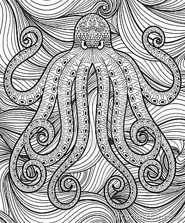 Vector zentangle octopus in sea, print for adult coloring page A Vector Illustration