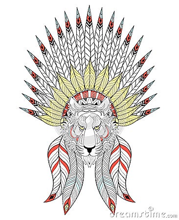 Vector zentangle Tiger with War Bonnet. American headdress with Vector Illustration