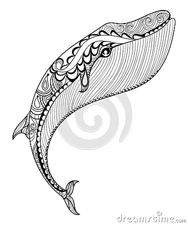 Vector zentangle whale print for adult coloring page. Hand drawn Vector Illustration
