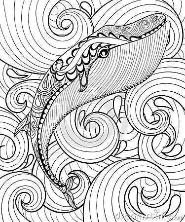 Vector zentangle whale in sea, print for adult coloring page A4 Vector Illustration