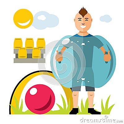 Vector Zorbing soccer. Bumper Ball. Inflatable Zorb. Outdoor Sport game. Flat style colorful Cartoon illustration. Vector Illustration