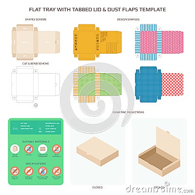 Vectorflat tray with tabbed lid and dust flaps templates set Vector Illustration