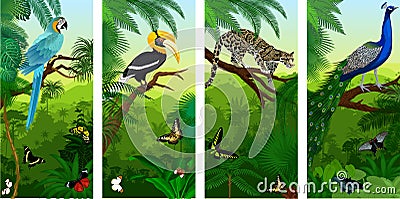Vectorset of jungle rainforest vertical baners with clouded leopard, peacoock, blue ara, great hornbill and butterflies Vector Illustration