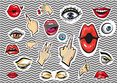 Vectpr fashion stickers eyes, lips and hands Vector Illustration