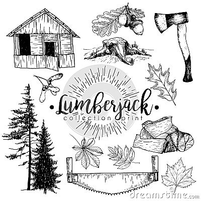 Vectro set of timber print collection. Cozy cabin, stamp, axe, pine trees, firewoods, saw, leaves and acorns. Vector Illustration