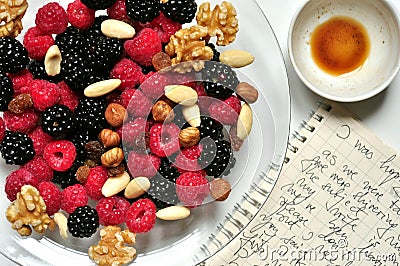 Vegan breakfast with berries and coffee Stock Photo