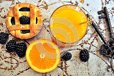 Vegan breakfast with blackberries and orange juice Stock Photo