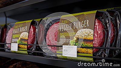 Vegan burger vacuum packed on a store shelf - 3d illustration Stock Photo