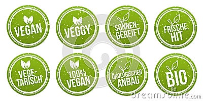 Vegan Button und Vegetarisch Banner Set. Biologischer und Ã¶kologischer Anbau Vector Illustration