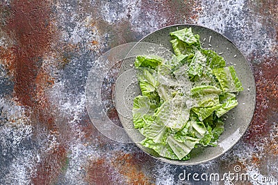 Vegan Caesar salad. Healthy and tasty salad without meat. Top view. Copy space Stock Photo