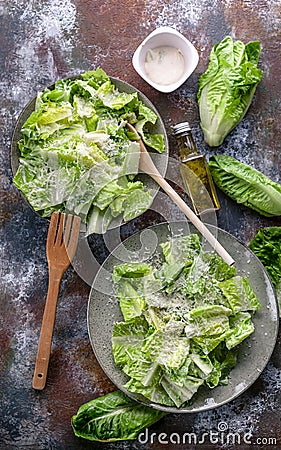 Vegan Caesar salad. Healthy and tasty salad without meat. Top view. Vertical shot Stock Photo