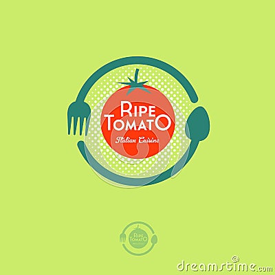 Vegan Cafe logo. Ripe red tomato, fork and spoon in the circle. Vector Illustration