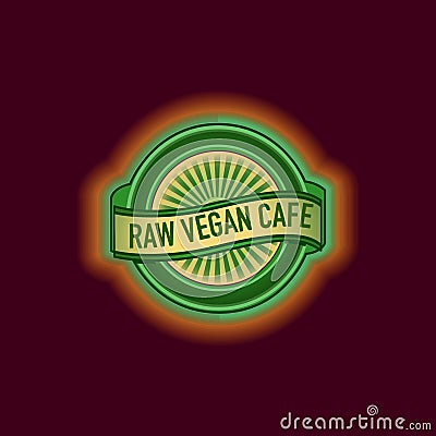 Vegan cafe round label. Round stamp. Sticker. Seal. Vegan cafe neon sign Vector Illustration