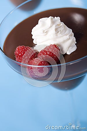 Vegan Chocolate Pudding with Raspberries Stock Photo