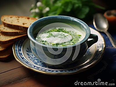 Vegan cream soup of spinach, leeks, courgettes and milk Stock Photo