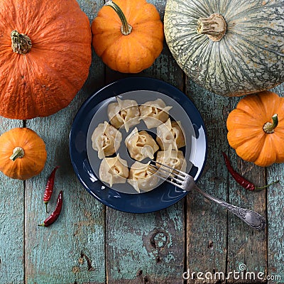 Vegan dish. Homemade manti, traditional Asian steamed dumplings Stock Photo