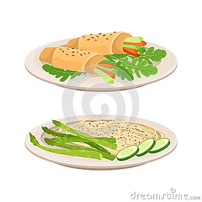 Vegan Dish and Main Course with Noodle and Vegetable Wrap Vector Set Vector Illustration
