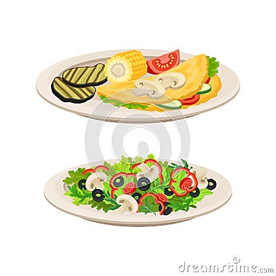 Vegan Dish and Main Course with Vegetable Salad Vector Set Vector Illustration