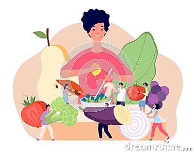 Vegan food concept. Flat groceries elements, fresh retail vegetarian product. Healthy fruit diet, woman cooking Vector Illustration