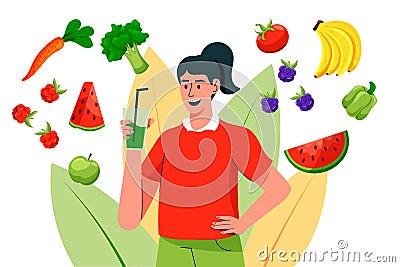 Vegan food. Healthy lifestyle. Detox diet. Nutrition vitamins. Health care. Green juice. Vegetable cocktail. Fruit in Vector Illustration