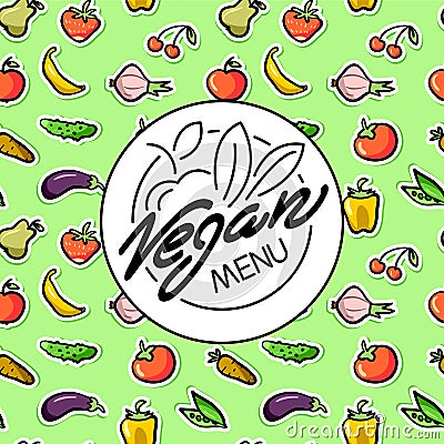 Vegan food menu restaurant advertisement, logo on seamless veget Vector Illustration