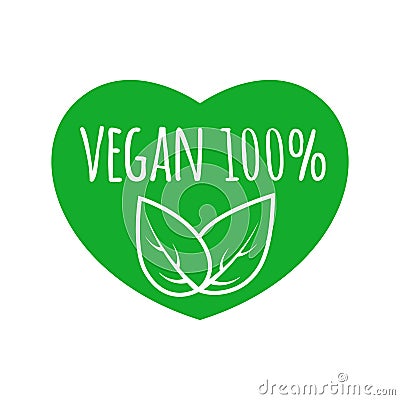 Vegan food sign with leaves in heart shape design. 100% vegan vector logo. Eco green logo. Raw, healthy food badge Vector Illustration
