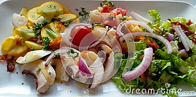 Vegan fresh salad with mushrooms and onions Stock Photo
