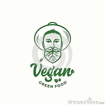 Vegan Green Food Abstract Vector Sign, Symbol or Logo Template. Young Man in Gardener Hat. Face with Leaves Incorporated Vector Illustration
