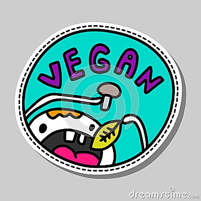 Vegan hand drawn vector illustration in cartoon style hungry man eating leave and mushroom Cartoon Illustration