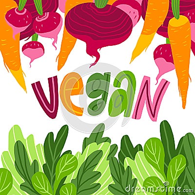 `Vegan` hand lettering, illustration with frame of vegetables isolated on the white background. Cartoon Illustration