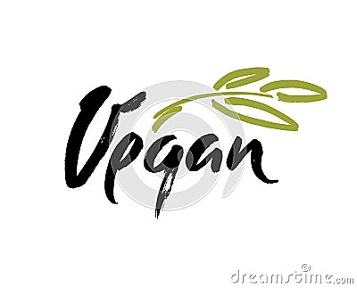 Vegan hand written calligraphy lettering with green leaf for cafe menu design. Cartoon Illustration