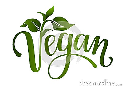 Vegan handwritten lettering with green leaves. Label, tag, stamp. Vector Illustration