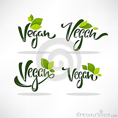 Vegan, healthy and organic, green glossy leaves and lettering composition for your labels, logo, emblems design template Vector Illustration