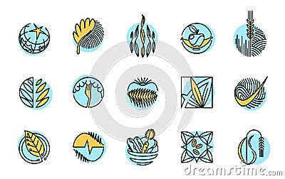 Vegan icons. Natural and organic cosmetic line symbols set. GMO free emblems. Organic products badges. Hypoallergenic Cartoon Illustration