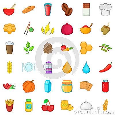 Vegan icons set, cartoon style Vector Illustration