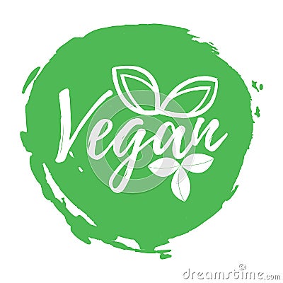 Vegan label. Healthy and Organic Food. Font with Brush. Food Int Vector Illustration