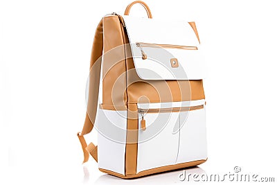 vegan leather eco backpack in tan, pristine white space Stock Photo