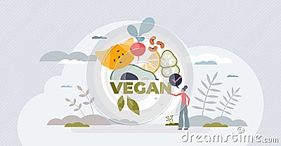 Vegan lifestyle with balanced natural plant based diet tiny person concept Vector Illustration