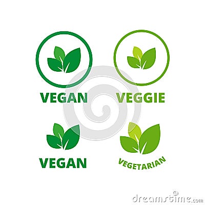 Vegan logo green leaf label template for veggie or vegetarian food package design. Isolated green leaf icon for vegetarian bio Vector Illustration