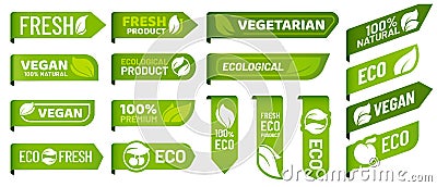 Vegan mark labels. Fresh vegetarian products, eco organic food and recommended healthy product sticker badges vector set Vector Illustration