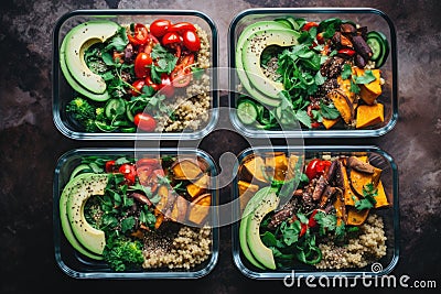 vegan meal prep bowls with quinoa, veggies, and avocado Stock Photo