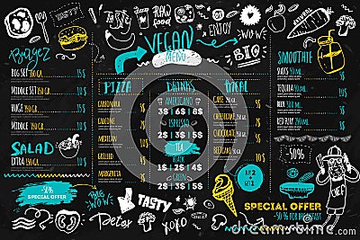 Vegan menu with hipster chef, doodle organic food and lettering. ecological concept on dark chalk board Vector Illustration