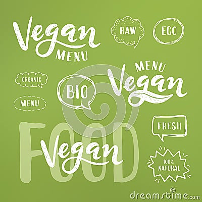 Vegan menu Lettering. Modern Hand Drawn Ecological Food Badges Vector Illustration